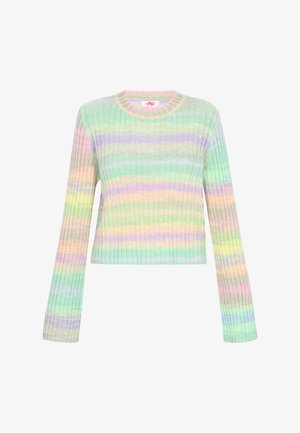 Ribota adīta jaka pasteļu krāsās ar horizontālām svītrām zaļā, rozā, dzeltenā un violetā krāsā. Apaļš kakls un garas piedurknes.