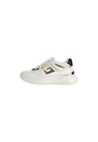 Scarpe da ginnastica bianche con dettagli dorati, caratterizzate da una superficie testurizzata, design con lacci e una spessa suola in gomma per durabilità e supporto.