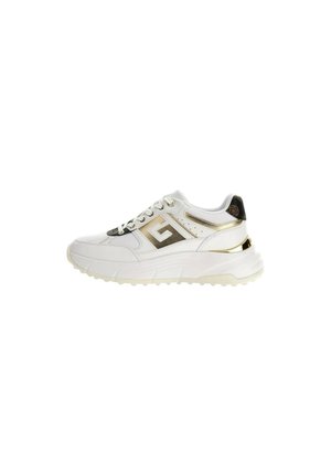 Scarpe da ginnastica bianche con dettagli dorati, caratterizzate da una superficie testurizzata, design con lacci e una spessa suola in gomma per durabilità e supporto.