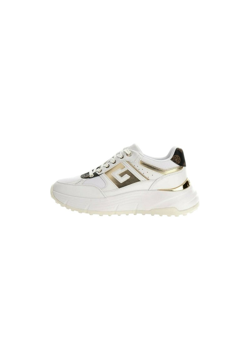 Scarpe da ginnastica bianche con dettagli dorati, caratterizzate da una superficie testurizzata, design con lacci e una spessa suola in gomma per durabilità e supporto.