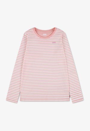 T-shirt à manches longues avec des rayures horizontales roses et blanches, encolure ronde et petit logo sur la poitrine.