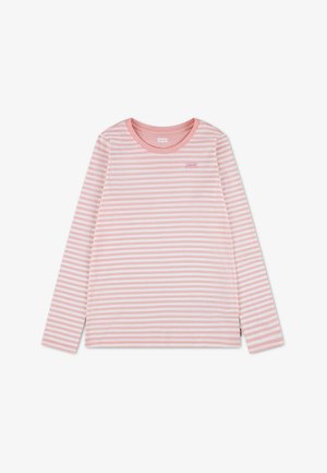T-shirt à manches longues avec des rayures horizontales roses et blanches, encolure ronde et petit logo sur la poitrine.