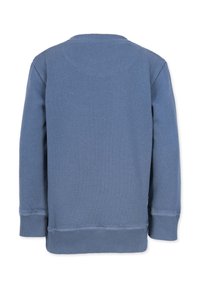 Sininen huppari, jossa on pyöreä kaula-aukko, ribatut hihansuut ja helma. Sujuva pinta, jossa on tasaista väriä ja minimaalista yksityiskohtaa takana.