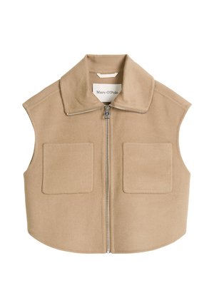 Beige wollen vest met een rits aan de voorkant, grote opgestikte zakken en een brede kraag. Het ontwerp is mouwloos met een afgeronde zoom en minimale stiksels.