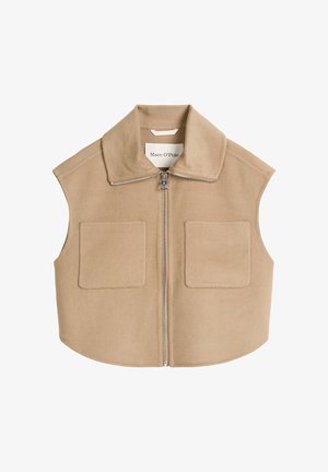 Gilet in lana beige con zip frontale, grandi tasche applicate e ampio colletto. Il design è senza maniche con orlo arrotondato e cuciture minime.