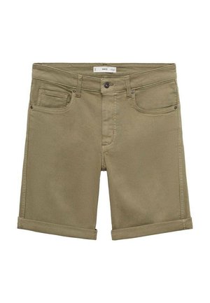 Kaki denim shorts met opgerolde zoom, vijf zakken, metalen knoopsluiting en riemlussen. Soepele textuur met een licht vervaagd effect.