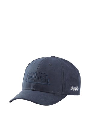Casquette de baseball bleu foncé à visière incurvée, avec le logo brodé "Von Dutch" sur le devant et un petit emblème circulaire ailé sur le côté.