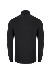 Czarny dzianinowy pulower z wysokim kołnierzem, długimi rękawami i prążkowanym dołem. Gładka tekstura z minimalnymi detalami, idealny do warstwowego noszenia.