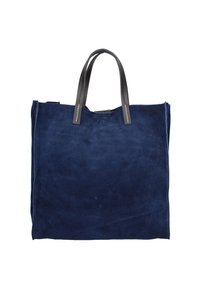 Navyblauwe suede tote bag met twee zwarte leren handvatten en zichtbare stiksels. Eenvoudig ontwerp, ruime body en zachte textuur.