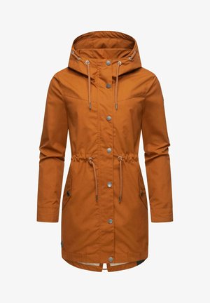 A long, orange parka jacket featuring a hood, drawstring waist, snap buttons, and two side pockets with silver hardware accents.