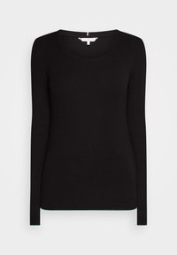 Maglia nera a maniche lunghe a costine con scollatura a girocollo, che presenta sottili accenti verdi sull'orlo e ai polsini. Texture liscia.