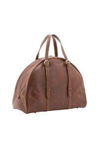 Bruine lederen sporttas met een ronde vorm, dubbele handvatten aan de bovenkant, gouden hardware accenten en zichtbare stiksels langs de rits.