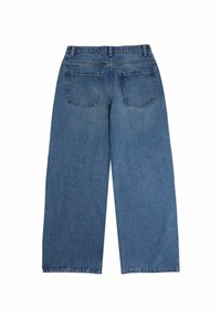 Szerokie niebieskie dżinsy z wysokim stanem, z dwoma kieszeniami z tyłu i gładką strukturą, wykończone czystym dołem.