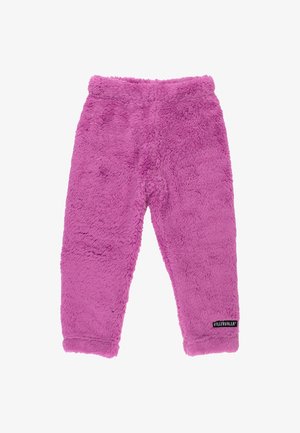 Lila Fleece-Hose mit einer weichen, strukturierten Oberfläche und einem elastischen Bund. Verfügt über ein genähtes schwarzes Etikett am unteren linken Bein.