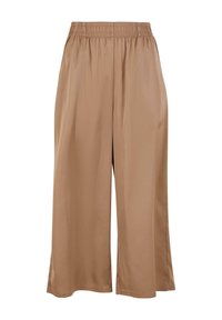 Satin wide-leg pants in warm beige with an elastic waistband and a smooth texture, featuring a relaxed fit and flowing silhouette.