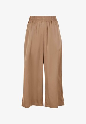 Satiiniset leveälahkeiset housut lämpimässä beigessä, jossa on joustava vyötärö ja sileä pinta, ominaisuutena rento istuvuus ja virtaava siluetti.