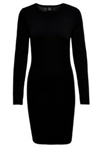 Abito lungo nero a maniche lunghe realizzato in tessuto a maglia testurizzata, con una silhouette aderente e scollo rotondo, caratterizzato da dettagli a coste orizzontali.