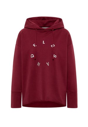 Bordeauxroter Hoodie aus weichem Stoff, mit Kordelzugkapuze und einem kreisförmigen Aufdruck mit weißen Buchstaben auf der Brust.