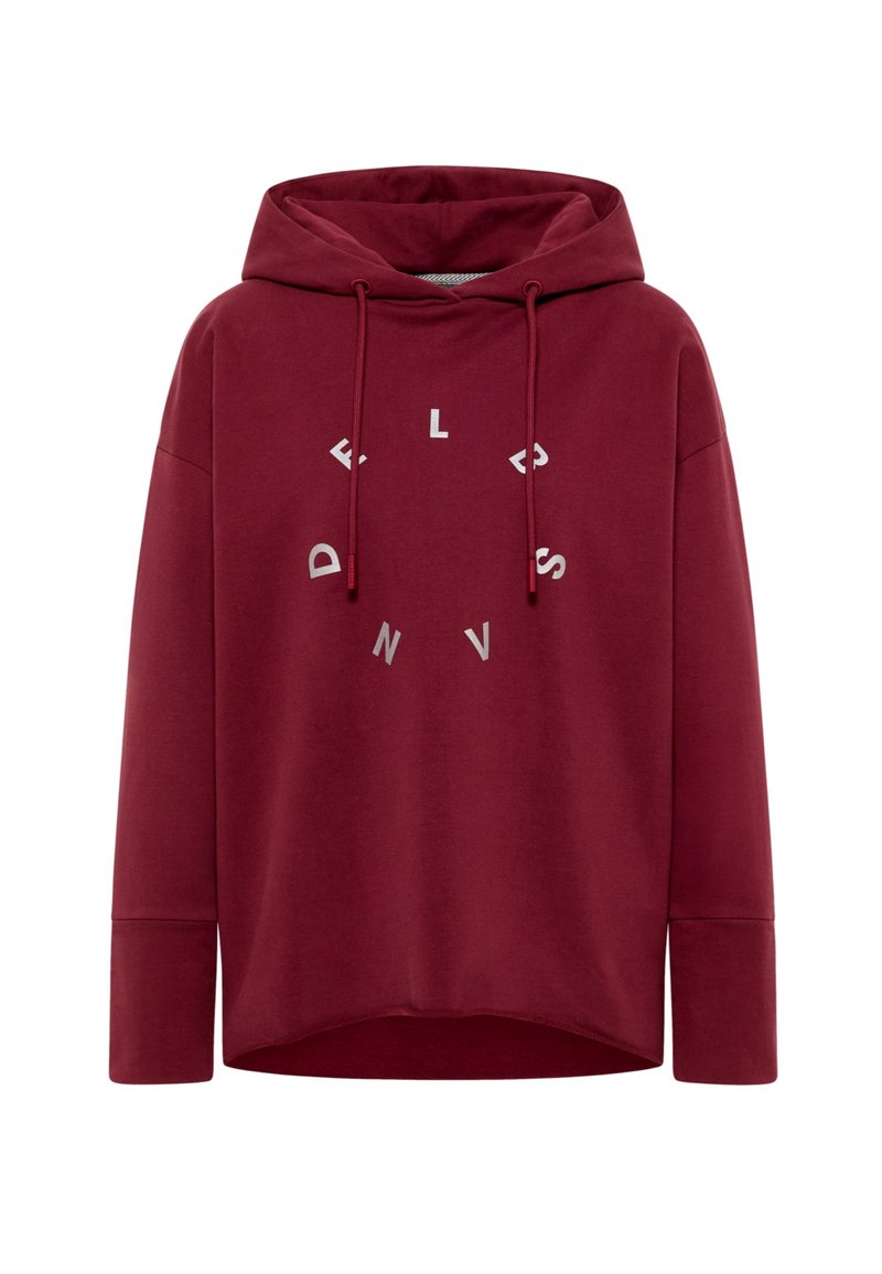 Burgundy hoodie made of soft fabric, featuring a drawstring hood and a circular graphic with letters printed in white around the chest area.