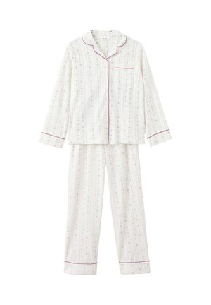 Haut de pyjama blanc à manches longues avec boutons et pantalon avec petites rayures fleuries et bordure violette au col, aux poignets, à la poche et aux ourlets du pantalon.