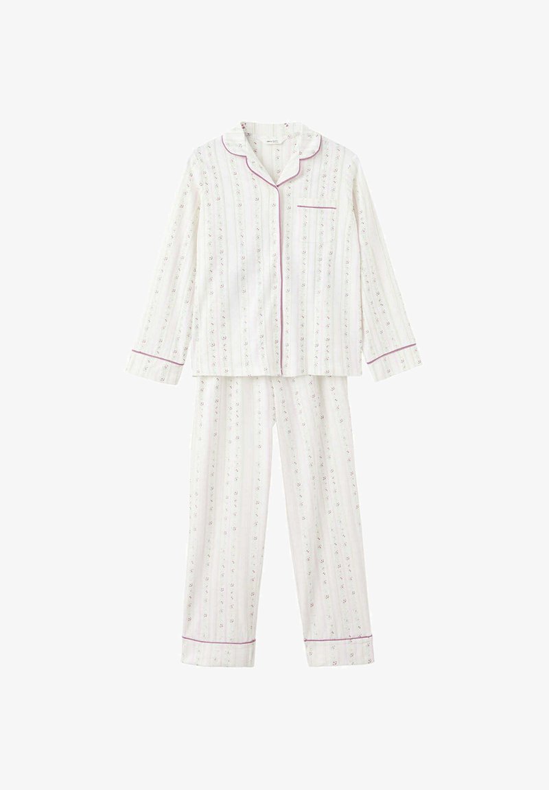 Haut de pyjama blanc à manches longues avec boutons et pantalon avec petites rayures fleuries et bordure violette au col, aux poignets, à la poche et aux ourlets du pantalon.