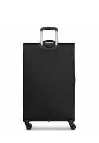 Black suitcase with smooth fabric exterior, retractable silver handle, four wheels, and a simple design. No visible pockets or decorations.