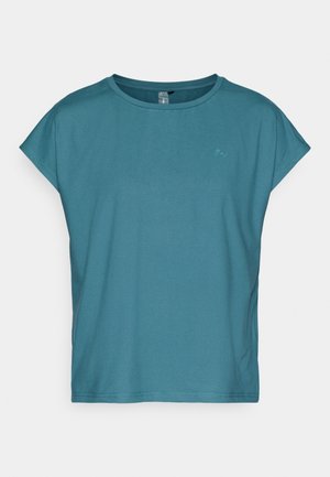 Camiseta de manga corta en color azul verdoso con cuello redondo y corte holgado. Confeccionada con una tela suave y ligera. Presenta un pequeño logotipo junto al hombro.