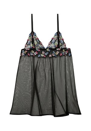 Vestido babydoll negro transparente con bordado floral en el busto y la cintura, con tirantes finos y falda fluida.