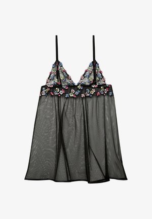 Babydoll noir transparent avec broderies florales sur le buste et la taille, doté de fines bretelles et d'une jupe fluide.