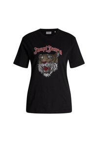 T-shirt en coton noir avec un graphisme de tigre orné de cristaux et le texte rouge "Joop! Jeans" à l'avant. Encolure ronde et manches courtes.