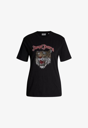 Zwarte katoenen T-shirt met een met kristallen versierde tijgerafbeelding en rode "Joop! Jeans" tekst op de voorkant. Ronde hals en korte mouwen.