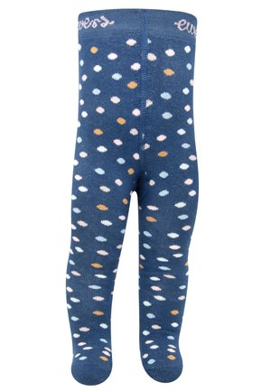 Marineblaue Babytights mit mehrfarbigen Pünktchen. Hergestellt aus weichem Stoff, mit einem gerippten Taillenbund, der das Wort "sweet" in Hellrosa zeigt.