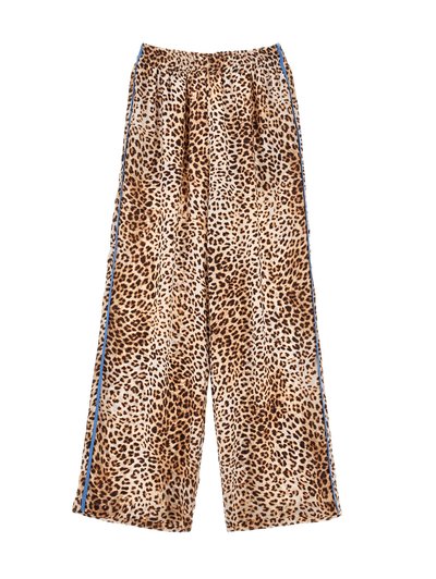Pantalones de pierna ancha con estampado de leopardo en tejido ligero, con cintura elástica y franjas laterales azules. Diseño texturizado y fluido.