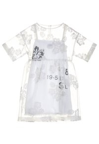 Bílé šaty s květinovou výšivkou a průhledným přehozem, s krátkými rukávy, kulatým výstřihem a tištěnými detaily v šedé barvě na přední straně.