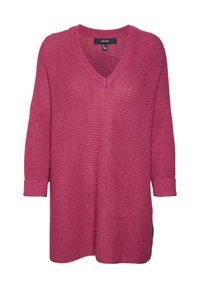 Sweter z dekoltem w serek, w oversize'owym fasonie, wykonany z teksturowanego dzianiny, z długimi rękawami i w bogatym różowym kolorze. Casualowy styl idealny do warstwowego ubierania.