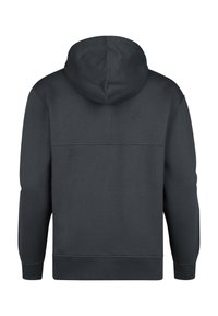 Sudadera gris oscuro con una textura suave, con capucha ajustable, mangas largas y puños y dobladillo acanalados. Detalle de costura en los hombros.