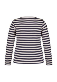 Long-sleeve top featuring navy and cream horizontal stripes, rounded neckline, and soft, stretchy fabric.