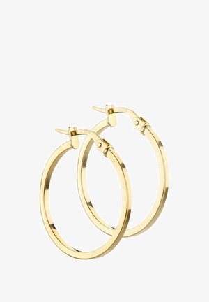 Zlati obroči za ušesa s polirano površino, ki imajo krožno obliko in zaklep s tečajem. Oblikovanje je preprosto in gladko brez dodatnih okraskov.