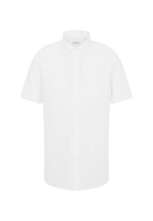 Camicia bianca a maniche corte con bottoni, collo classico e taschino frontale, mostrata su uno sfondo bianco uniforme.