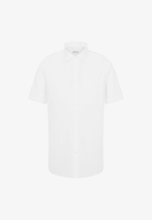 Camicia bianca a maniche corte con bottoni, collo classico e taschino frontale, mostrata su uno sfondo bianco uniforme.