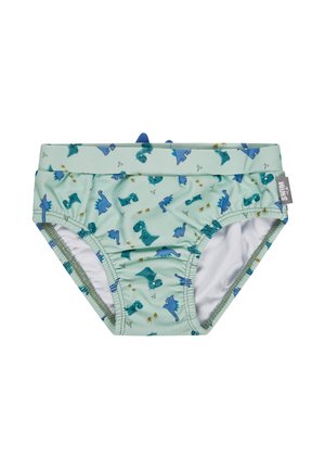 Hellgrüne Schwimmwindeln für Kleinkinder mit blauen und türkisfarbenen Dinosauriermustern und kleinen Stoff-Dinosaurierspitzen am Bund.