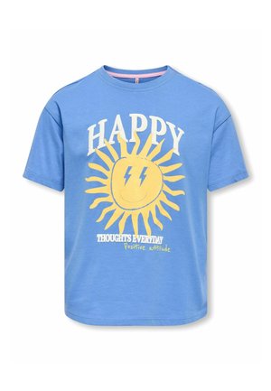 Blå kortærmet T-shirt med et gult solmotiv, smilende ansigt med lynøjne og teksten "GLAD", "TANKER HVER DAG" og "Positiv indstilling."