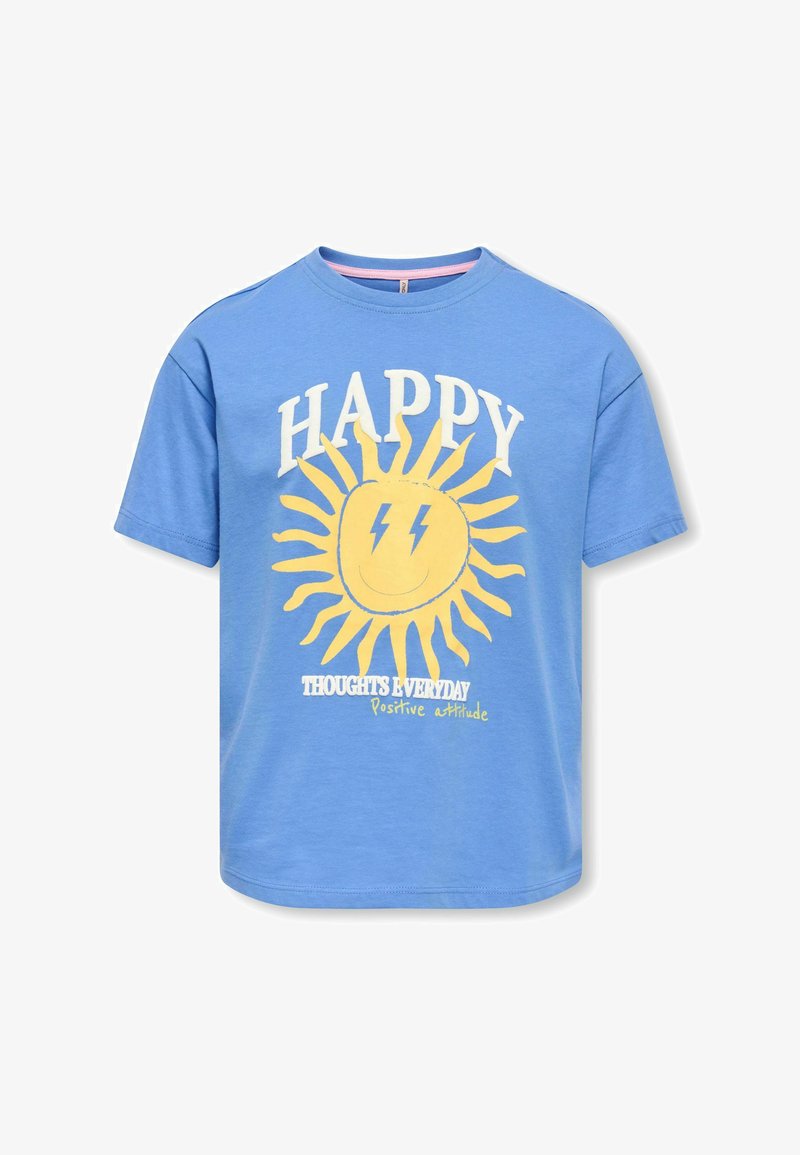 T-shirt bleu à manches courtes avec un motif de soleil jaune, visage souriant avec des yeux en forme d'éclair et texte "HEUREUX," "PENSÉES QUOTIDIENNES," et "Attitude positive."