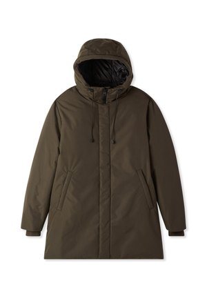 Parka verde oliva, isolante, con cappuccio, dotata di una cerniera frontale, dettagli con cordino e due tasche laterali. Tessuto liscio e resistente all'acqua.