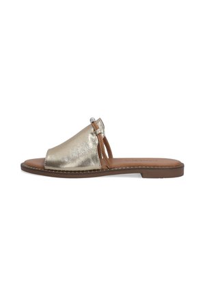 Metallic gold slide sandal with a smooth upper, open toe design, and brown leather insole. Features a small accent piece on the strap.