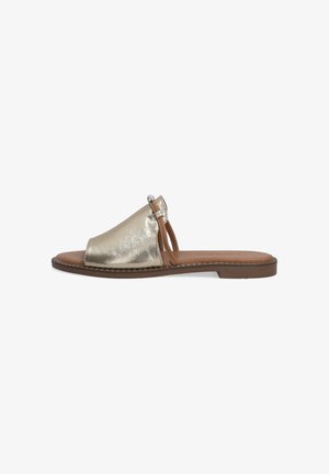 Metallic gold slide sandal with a smooth upper, open toe design, and brown leather insole. Features a small accent piece on the strap.