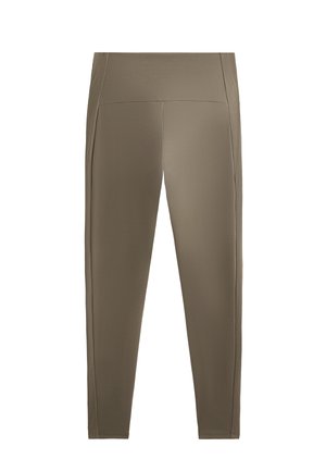Bruna träningsleggings med hög midja, tillverkade av ett slätt material, med subtila sidopaneler. Åtsittande design genom hela plagget.