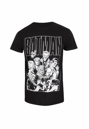 Black cotton t-shirt featuring a white graphic of Batman villains, including prominent characters and their distinct expressions and costumes.