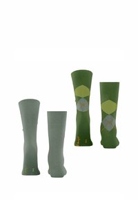 Kniestrümpfe in zwei Grüntönen, mit einem Rautenmuster in hellgrün und grau, aus strukturiertem Material für zusätzlichen Komfort.