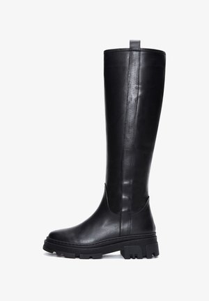 Knee-high black leather boots with a smooth texture, rounded toe, and a rubber tread sole for traction. Features a pull-tab on the back.